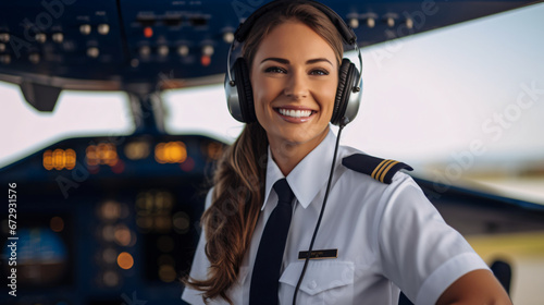 Confident Female Pilot in Uniform with Headset Smiling in Cockpit of Aircraft photo