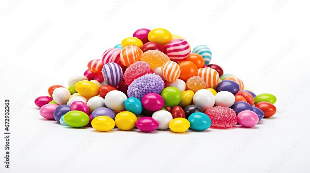 Colorful, glossy candy pile with varied shapes and sizes on a pristine white background. Tempting assortment of sweet treats, indulging in vibrant flavors and textures. A sugar rush awaits.