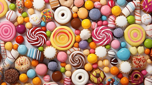 A visually pleasing stock image of various colorful candies on a white background. The hyper-realistic, sharp-focus image showcases an assortment of sugary treats, creating a mouthwatering temptation