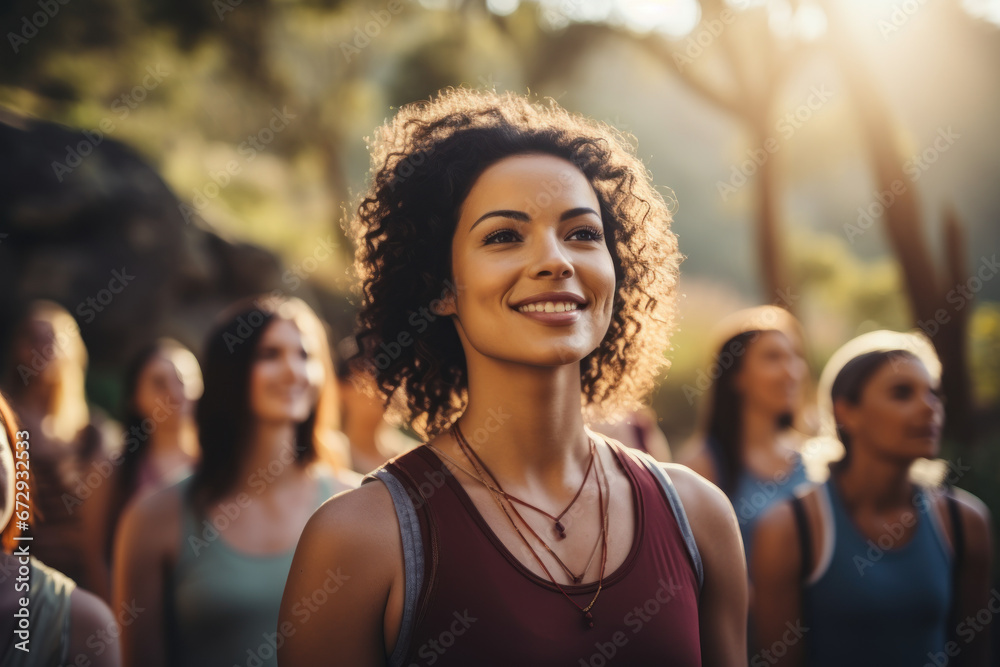 A group of diverse women engage in outdoor yoga, stretching their arms in unison while practicing breathing exercises at the park. Generative Ai.