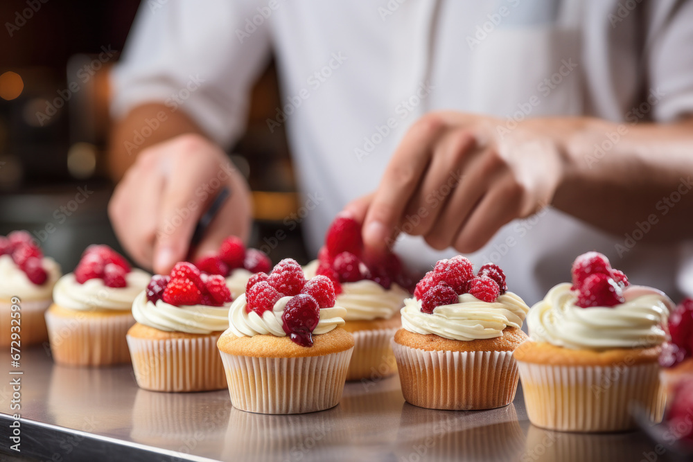 A skilled pastry chef adorns muffins with raspberries, expertly decorating cupcakes with fresh berries in a close-up shot. Ample space for text. Generative Ai.