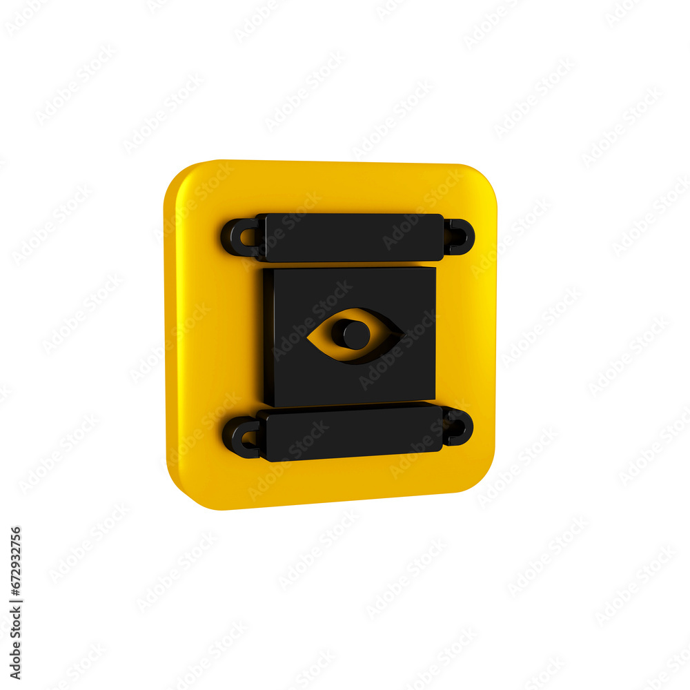 Fototapeta premium Black Magic scroll icon isolated on transparent background. Decree, paper, parchment, scroll icon. Yellow square button.