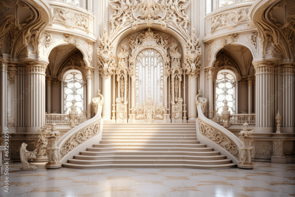 An opulent royal palace interior, crafted from fantasy white gold marble, evokes a sense of regality. This conceptual artwork captures the ambiance of a castle's interior. Generative Ai.