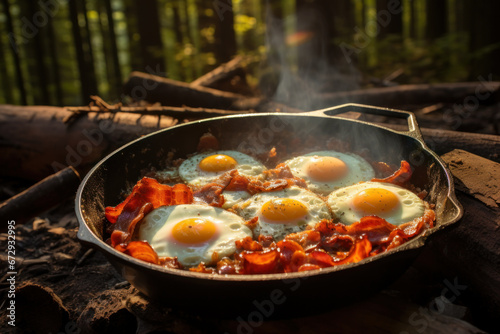 A camping breakfast features bacon and eggs cooked in a cast-iron skillet in a forest setting. This outdoor meal is prepared over a campfire, exemplifying a picnic in the wild. Generative Ai.