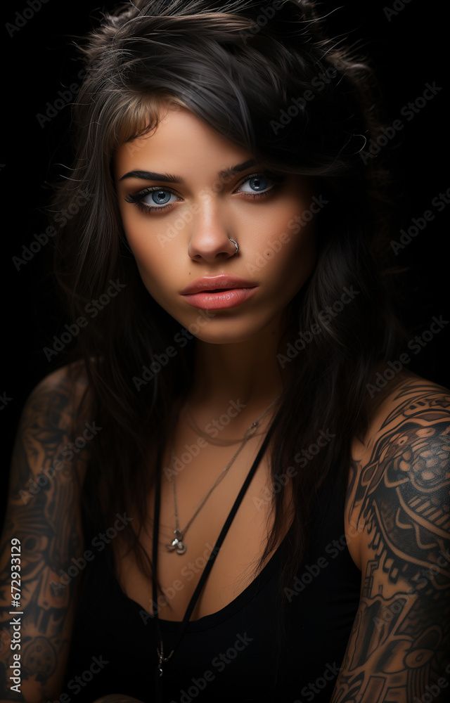 A beautiful girl of European appearance with tattoos on her skin.