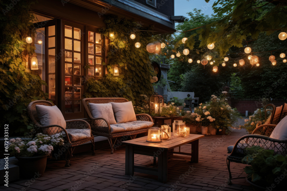 A summer evening transforms a suburban house's patio into a charming oasis, complete with wicker furniture, lights, and lanterns.  Generative Ai.