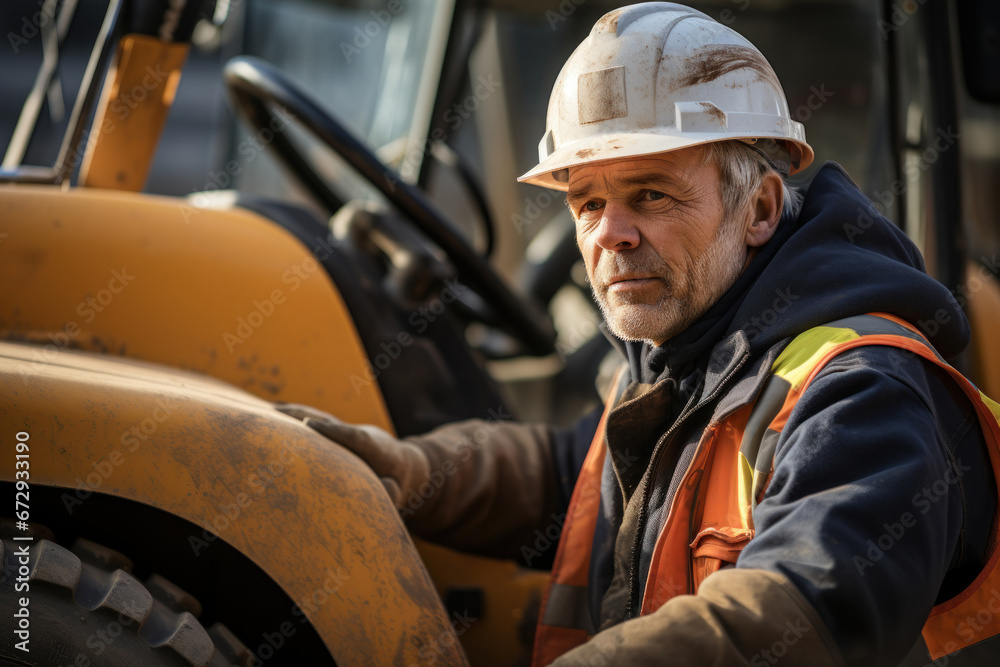 A senior man engineer, wearing a hardhat, uses a tablet computer at a construction site with a bulldozer in the background. The tablet allows for control over loading cargo or coal. Generative Ai. A senior man engineer, wearing a hardhat, uses a tablet computer at a construction site with a bulldozer in the background. The tablet allows for control over loading cargo or coal. Generative Ai.
