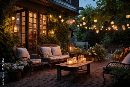 A summer evening transforms a suburban house's patio into a charming oasis, complete with wicker furniture, lights, and lanterns. Generative Ai.