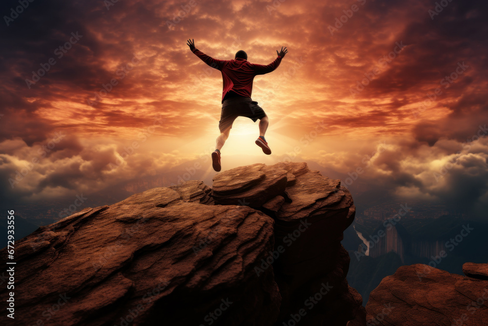 A silhouette of a man joyfully leaps from the cliff of 2023 to the cliff of 2024, with a backdrop of clouds, sky, and sunlight. Generative Ai. A silhouette of a man joyfully leaps from the cliff of 2023 to the cliff of 2024, with a backdrop of clouds, sky, and sunlight. Generative Ai.