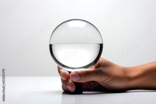 A hand holds a magnifying glass, focusing on a correct sign mark on a white background, representing document approvals, quality control assurance, and project acceptance. Generative Ai.