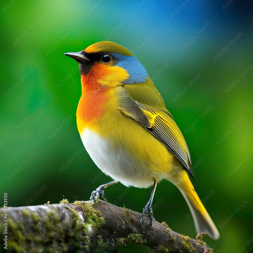 Obraz premium Pájaro blanco amarillo naranja gris y azul posado en una rama con musgo con un fondo verde 