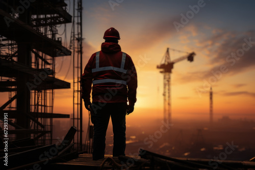 The silhouette of a construction worker is set against a crane and a cloudy sky, signifying the preparations for welcoming the new year in 2024 and embarking on new business ventures. Generative Ai.