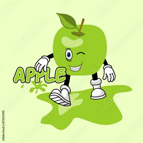 Vector of a cartoon illustration of a green apple on a green background
