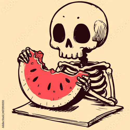 Digital art of a skeleton eating a slice of juicy watermelon. Hungry skull with bones holding a fruit on a table. Cartoon character getting ready to eat a snack.