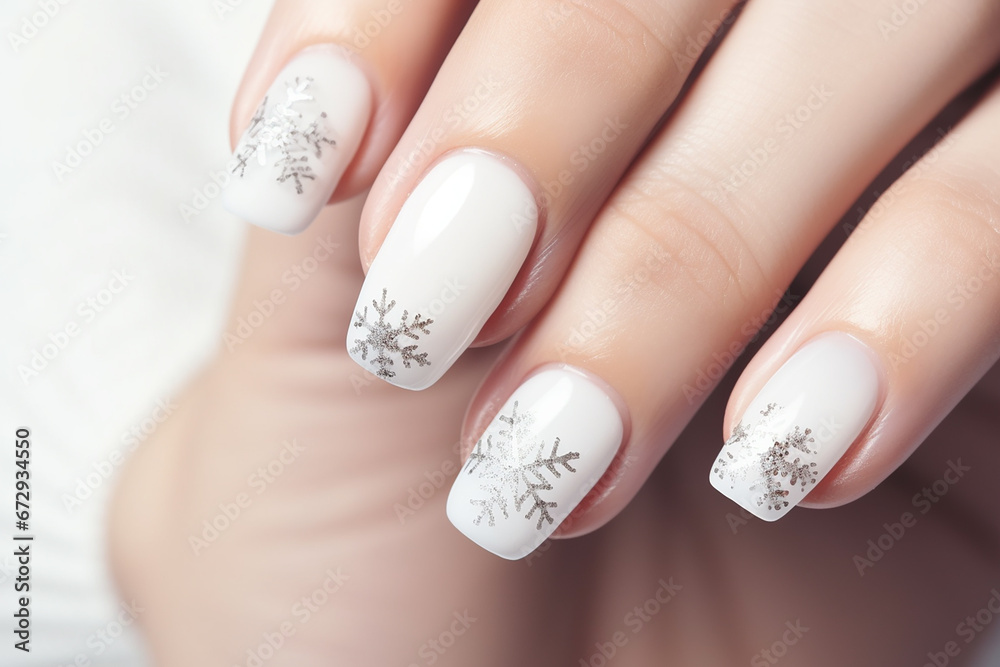 Christmas snowflakes nail art closeup on the white nails. Generative AI - obrazy, fototapety, plakaty 