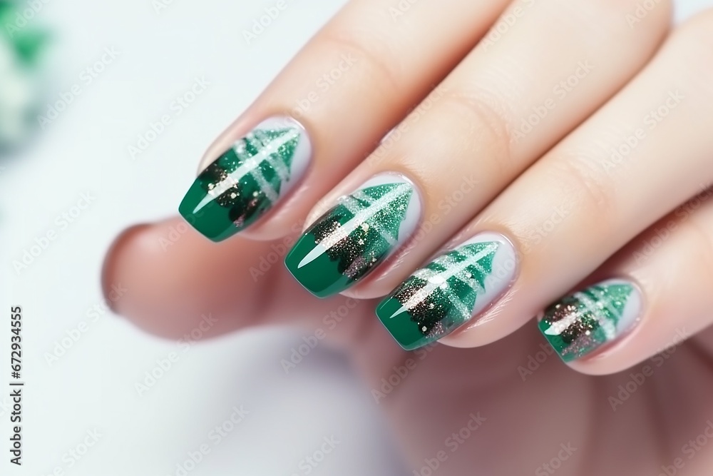 Female hand closeup with winter manicure, Christmas trees with fallen snow. Generative AI Female hand closeup with winter manicure, Christmas trees with fallen snow. Generative AI