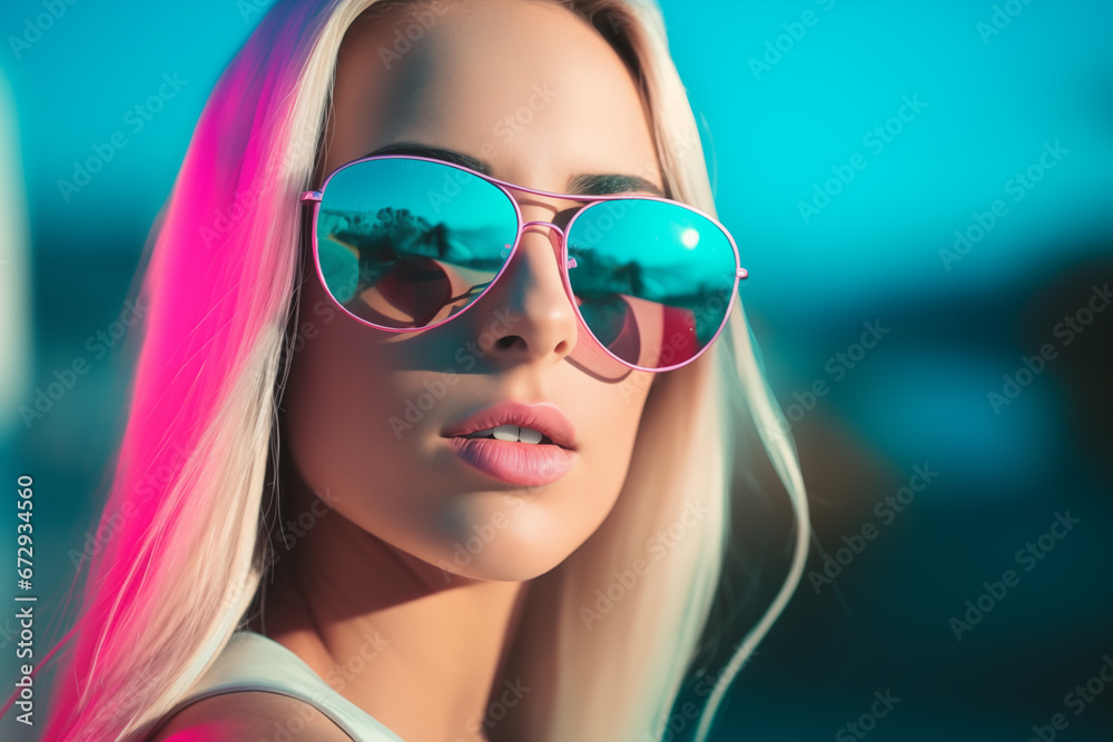 Naklejka premium Beautiful young blond woman model posing outdoors. Generative AI