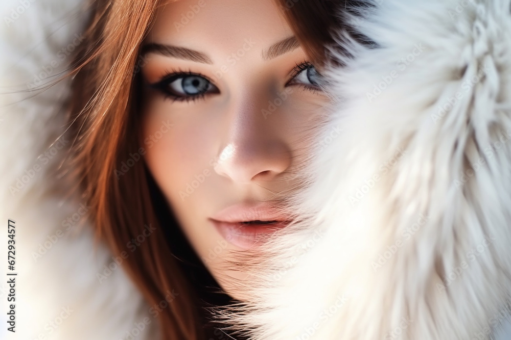 Pretty young woman wearing fur coat closeup. Generative AI Pretty young woman wearing fur coat closeup. Generative AI