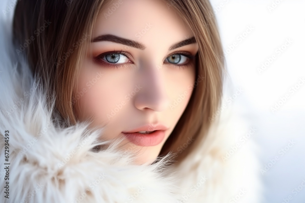 Pretty young woman wearing fur coat closeup. Generative AI Pretty young woman wearing fur coat closeup. Generative AI