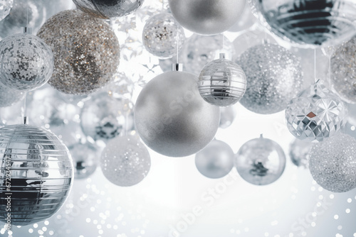 Silver decorative hanging Christmas balls. Generative AI
