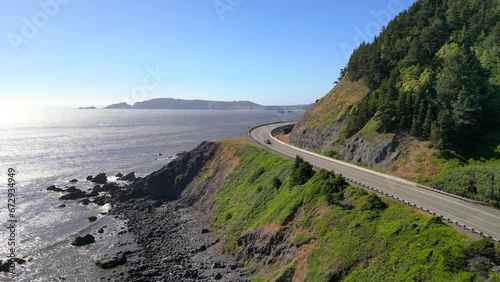  Aerial view of Scenic Pacific coast in Oregon, Scenic byway route 101 can be seen along the coast . photo