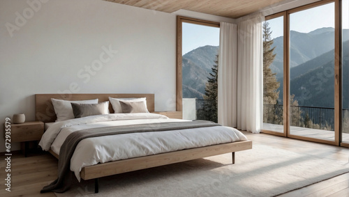 Bellissima camera da letto con arredamento minimalistico, con colori naturali ed eleganti e finestre che si aprono sulle montagne photo