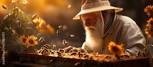 An elderly beekeeper in beekeeping attire is seen tending to bees and gathering honey from a beehive leaving room for text or other elements photo