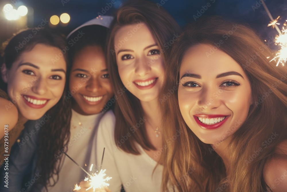 Obraz premium Welcoming the New Year with Joy: A Group of Friends Comes Together in a Vibrant Night Club, Celebrating Silvester with Sparklers, Laughter, and Festive Cheers