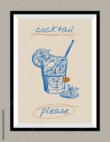 Cocktail hand drawn vector illustration in a poster frame. Art for poster design, postcards, branding, logo design, background.