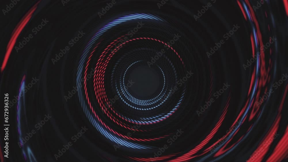 Swirling circles of flashing blue and red light abstract motion background animation.