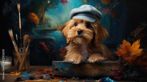 Puppy dressed as an artist