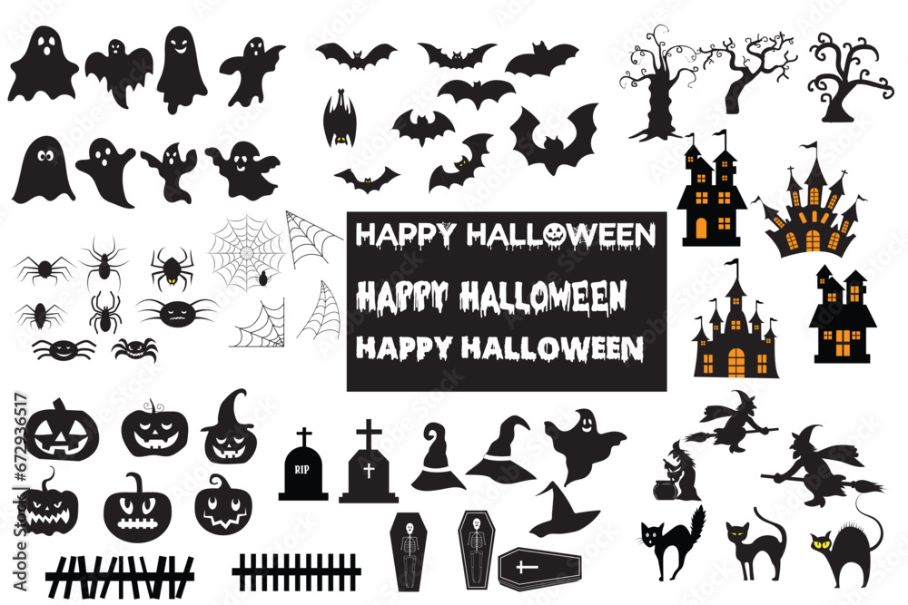 Fototapeta premium Halloween icon, vector set. Set of silhouettes of Halloween doodle style vector on a white background. Hand drawn Halloween vector. Vector illustration. 