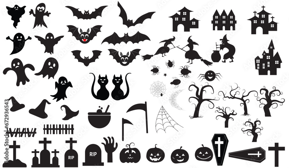 Naklejka premium Big set of silhouettes of Halloween on a white background. Vector illustration. Black spooky elements for your design. Hand drawn Halloween vector