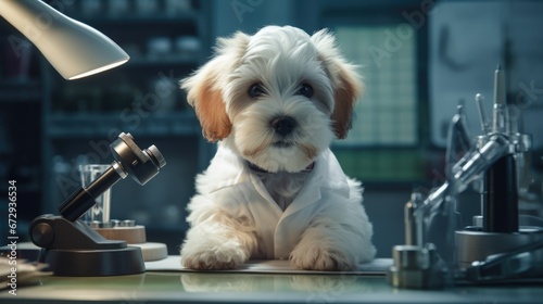 Puppy in a lab coat, acting as a scientist