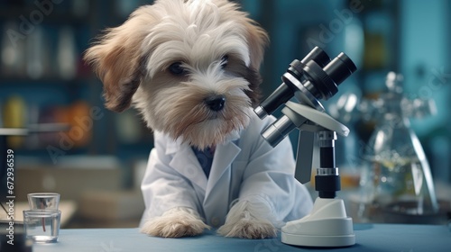 Puppy in a lab coat, acting as a scientist
