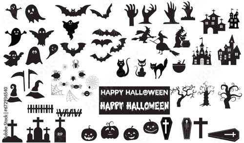 Set of silhouettes of Halloween doodle style vector on a white background. Hand drawn Halloween vector. Vector illustration. 
