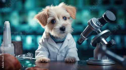 Puppy in a lab coat, acting as a scientist