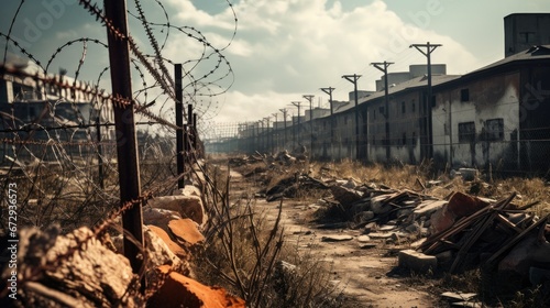 Abandoned industrial site with a barbed wire fence, decaying buildings, and overgrown vegetation. Eerie and desolate atmosphere, showcasing urban decay and industrial wasteland