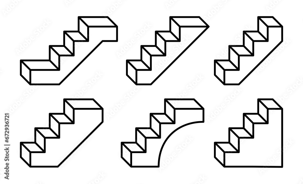 Set of stairs or steps icons. Ladder, symbol of rise, upward movement or advancement in work. Steps denoting development, knowledge and skills or improvement. Set of stairs or steps icons. Ladder, symbol of rise, upward movement or advancement in work. Steps denoting development, knowledge and skills or improvement.
