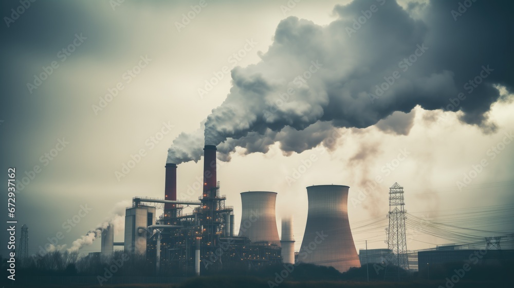 A hazy factory emitting toxic smoke, polluting the air. Industrial chimney spewing harmful emissions. Environmental damage caused by industrial pollution