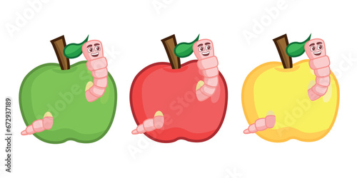 Set of apples in different colors with smiling worms. Whole fruit with a worm.