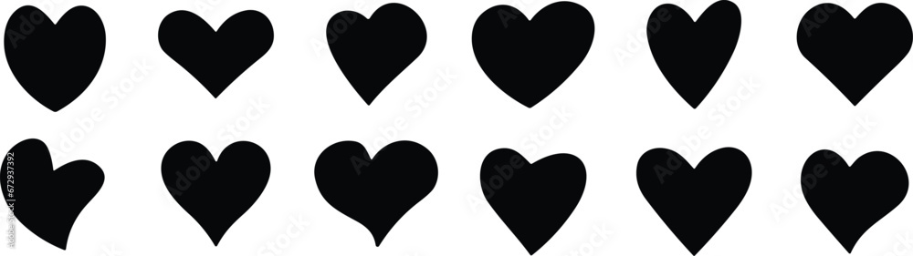 Collection of black heart symbol, Love hearts signs icon set, love symbol vector. Hand drawn style. - obrazy, fototapety, plakaty 