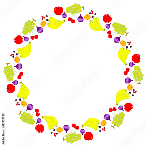 A frame of various fruits. White background.