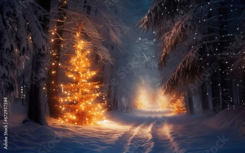 Christmas trees illuminated with golden light along an alley in snow covered park at winter night