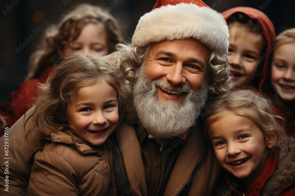 Santa Claus in his iconic red suit, surrounded by a group of cheerful children. Concept of the magic of Christmas. Generative Ai. Santa Claus in his iconic red suit, surrounded by a group of cheerful children. Concept of the magic of Christmas. Generative Ai.