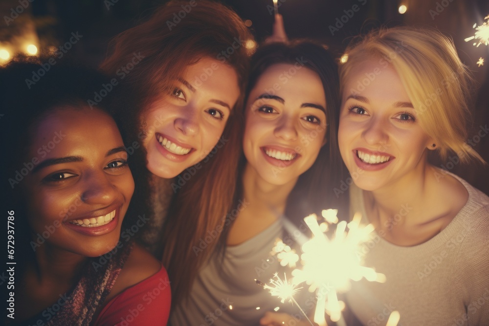 Fototapeta premium New Year's Revelry: Friends Light Up the Night with Sparklers in a Energetic Night Club, Ushering in Silvester with Laughter, Dancing, and Festive Delight
