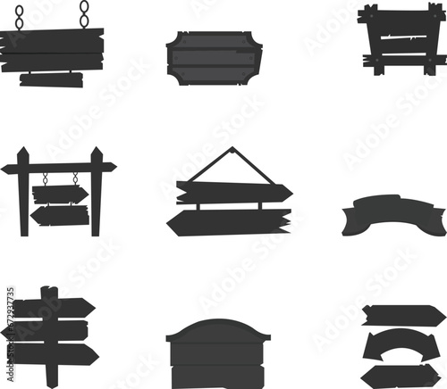 Silhouette wood sign icon set. vector image interior elements collection.