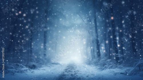 Snowfall in a serene winter forest with tall, shadowy trees along a path covered with snow