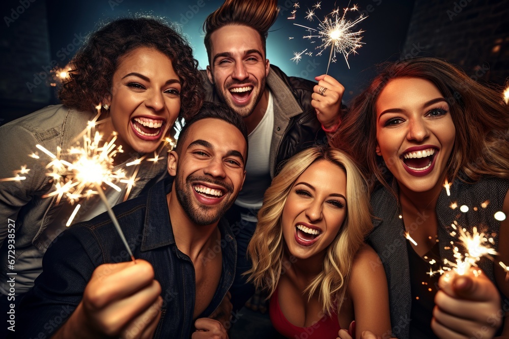 Festive Silvester Celebration: Friends Unite in a Night Club, Sparklers in Hand, Radiating Happiness, Laughter, and the Spirited Joy of Welcoming the New Year