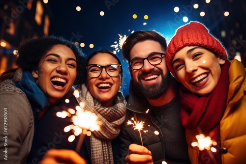 Festive Silvester Celebration: Friends Unite in a Night Club, Sparklers in Hand, Radiating Happiness, Laughter, and the Spirited Joy of Welcoming the New Year